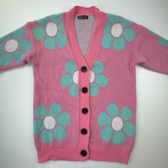 Pink Daisy Flower Cardigan Sweater Women’s S Oversized Y2K Retro Indie Boho - Picture 5 of 10